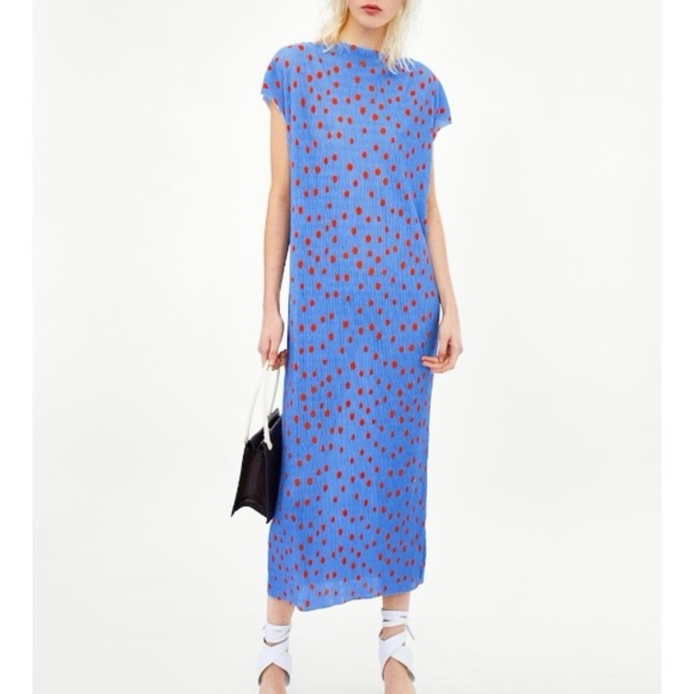 ZARA Blue and Red Pleated Polka Dot Midi Dress. Size S